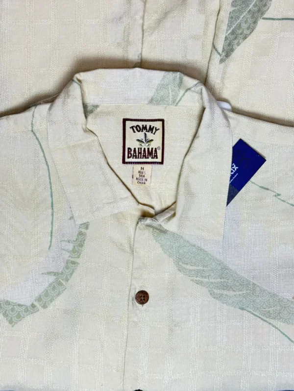 Tommy Bahama Silk Shirt - Men's cream short-sleeve button-down with a subtle pale green leaf print and a textured grid pattern.