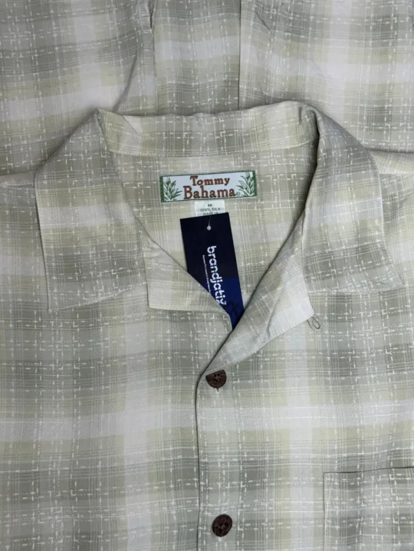 Tommy Bahama 100% Silk Shirt - Men's short-sleeve button-down with a green, beige, and white plaid pattern and a textured finish.