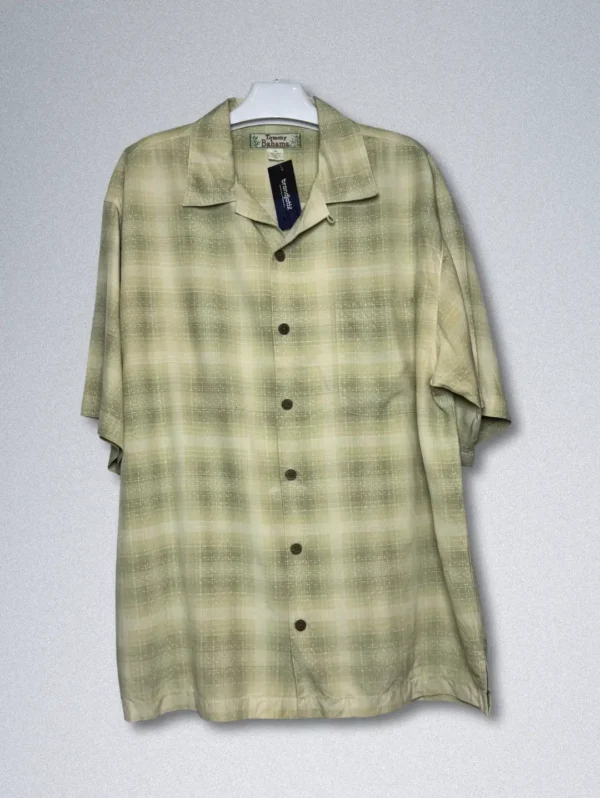 Tommy Bahama 100% Silk Shirt - Men's short-sleeve button-down with a green, beige, and white plaid pattern and a textured finish.