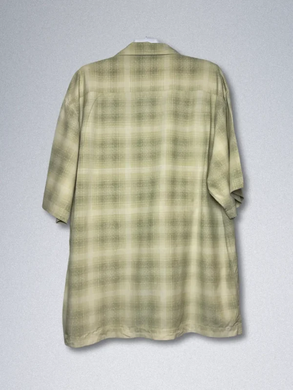 Tommy Bahama 100% Silk Shirt - Men's short-sleeve button-down with a green, beige, and white plaid pattern and a textured finish.