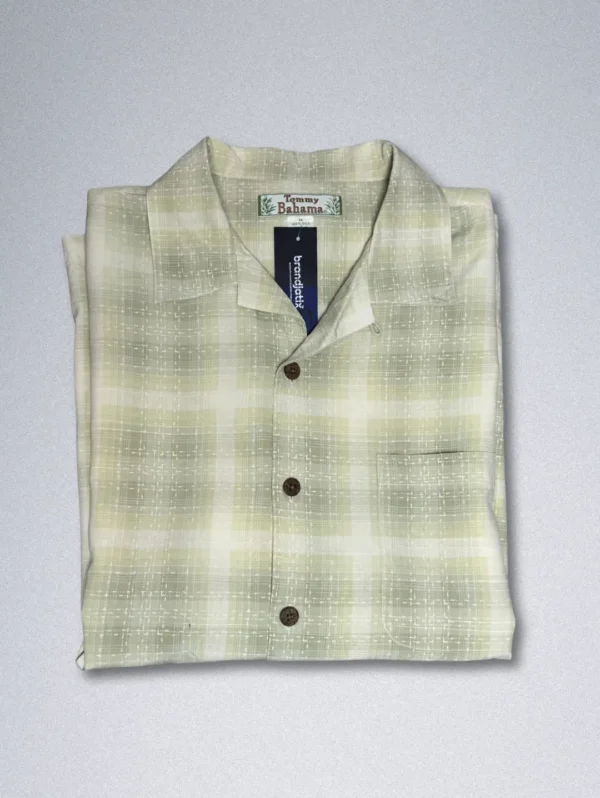 Tommy Bahama 100% Silk Shirt - Men's short-sleeve button-down with a green, beige, and white plaid pattern and a textured finish.