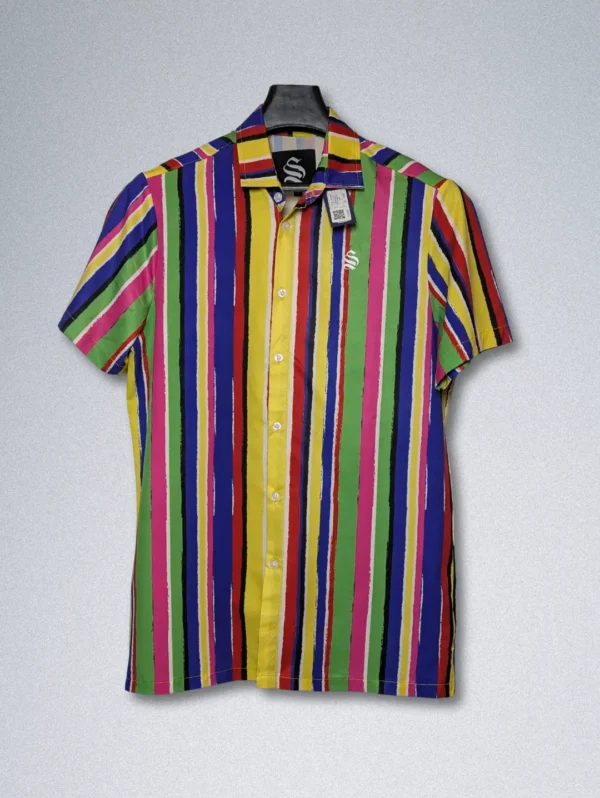 Men's Sinners Attire Multi-Color Silk Shirt, a short-sleeve button-down with multi-colored, hand-painted style vertical stripes