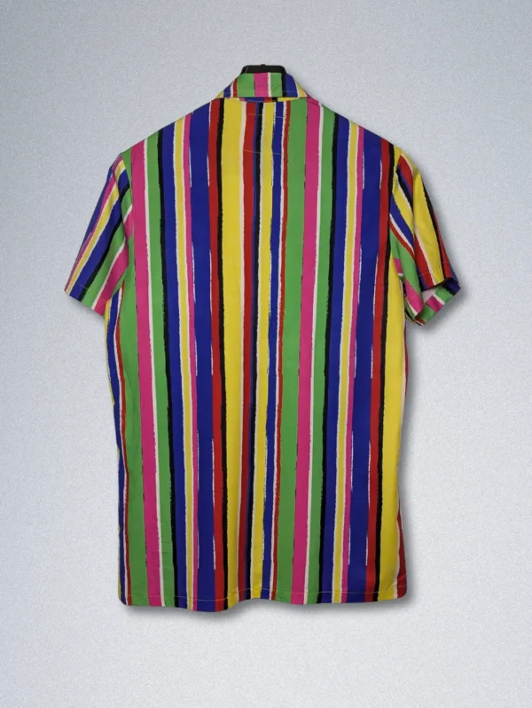 Men's Sinners Attire Multi-Color Silk Shirt, a short-sleeve button-down with multi-colored, hand-painted style vertical stripes