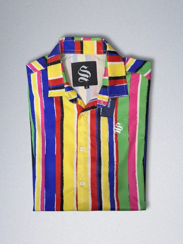 Men's Sinners Attire Multi-Color Silk Shirt, a short-sleeve button-down with multi-colored, hand-painted style vertical stripes