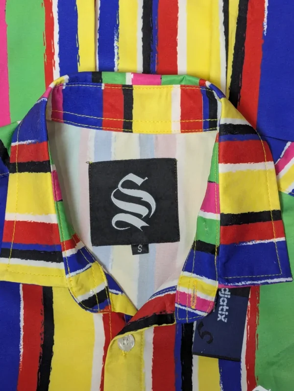 Men's Sinners Attire Multi-Color Silk Shirt, a short-sleeve button-down with multi-colored, hand-painted style vertical stripes