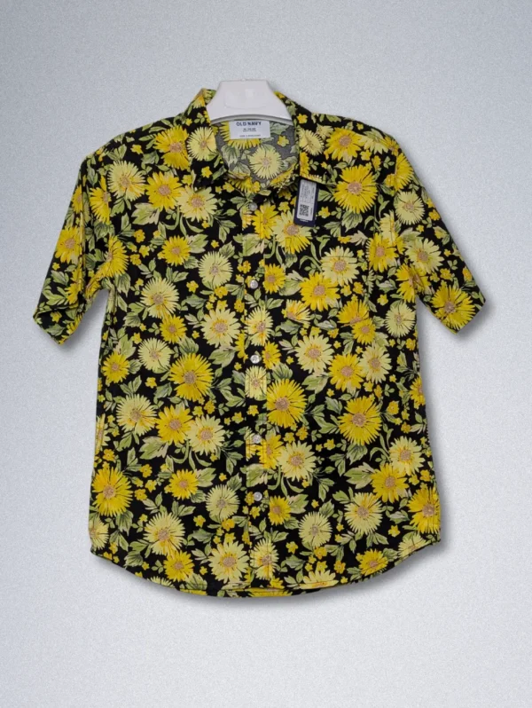 Men's Old Navy Sunflower Silk Shirt, a black short-sleeve button-down with a yellow sunflower floral print