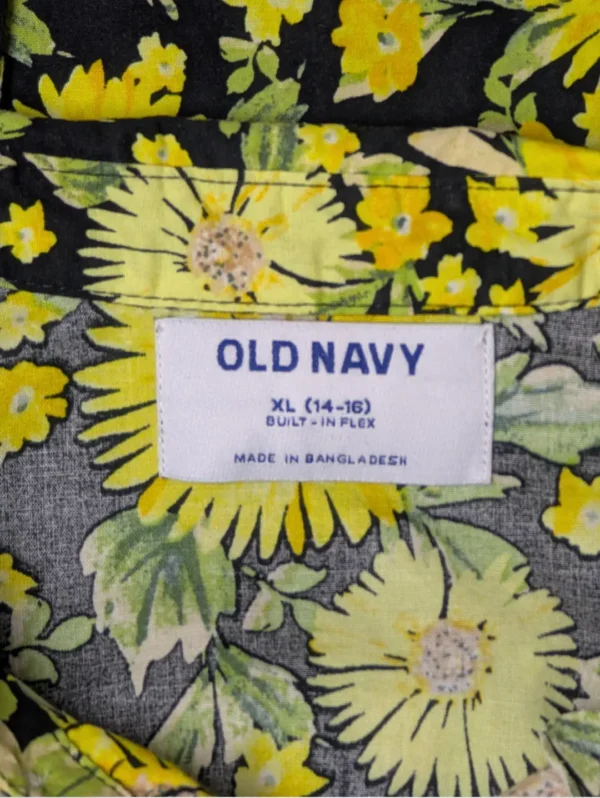Men's Old Navy Sunflower Silk Shirt, a black short-sleeve button-down with a yellow sunflower floral print