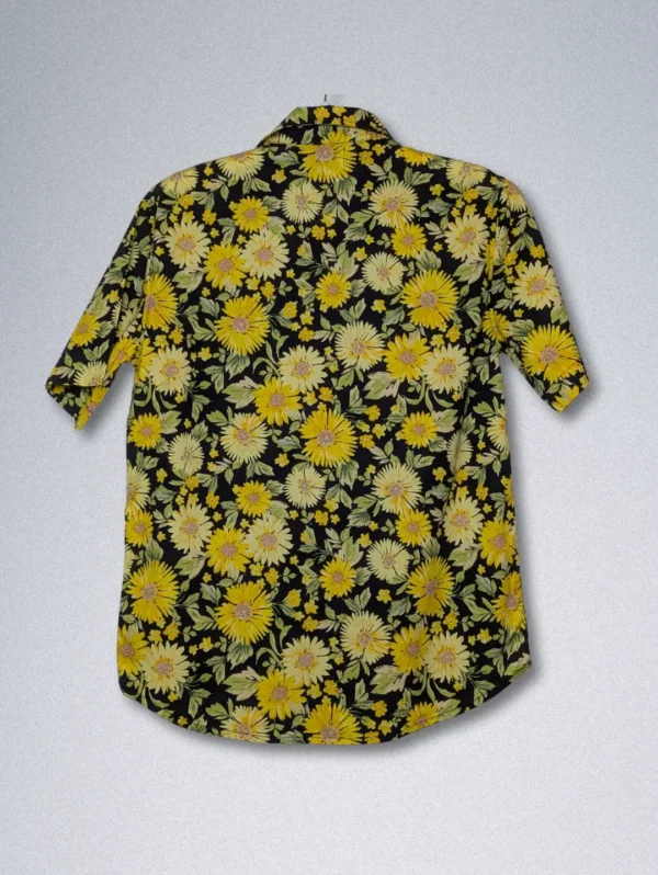 Men's Old Navy Sunflower Silk Shirt, a black short-sleeve button-down with a yellow sunflower floral print