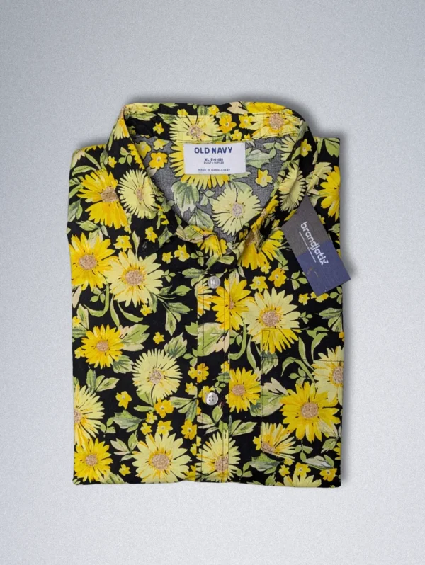 Men's Old Navy Sunflower Silk Shirt, a black short-sleeve button-down with a yellow sunflower floral print