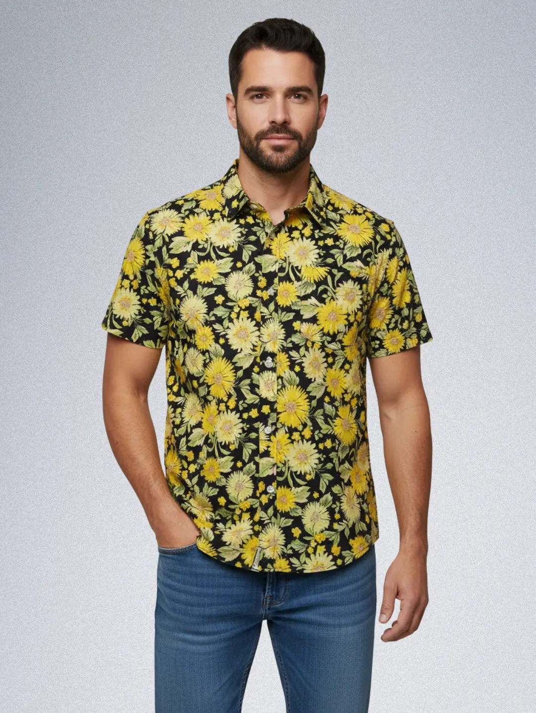 15909-7 Old Navy Silk Shirt - Yellow Sunflower Floral Print | Men's Black Button-Down - Image 1