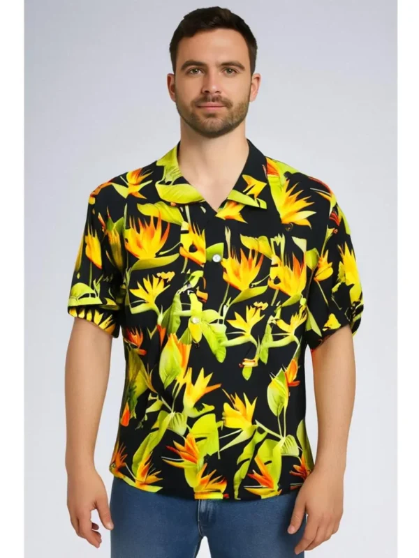 USKOY Men's Tropical Hawaiian Silk Shirt - Black Bird of Paradise Silk Blend, Short Sleeve Button-Down - Image 2