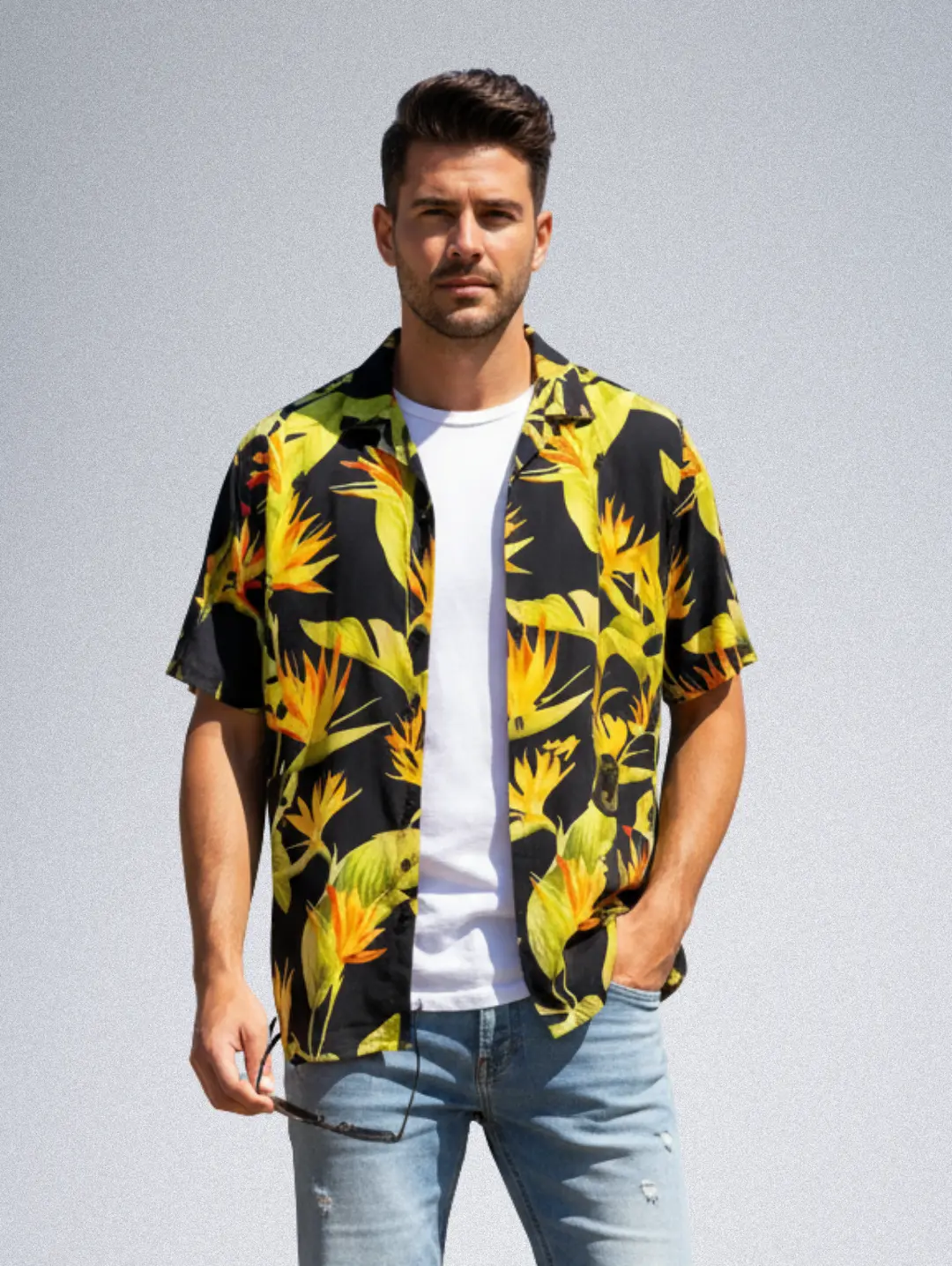 15909-9 USKOY Men's Tropical Hawaiian Silk Shirt - Black Bird of Paradise Silk Blend, Short Sleeve Button-Down - Image 1