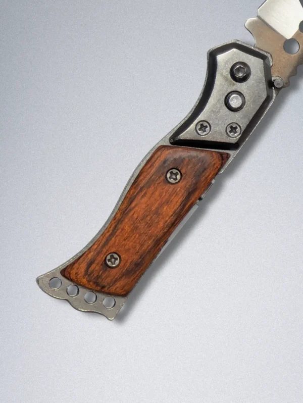 Stainless Steel Mini Pocket Knife with Wooden Handle, LED Light, Safety Lock & One-Button Open - Image 8