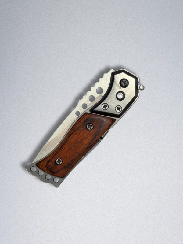 Stainless Steel Mini Pocket Knife with Wooden Handle, LED Light, Safety Lock & One-Button Open - Image 4