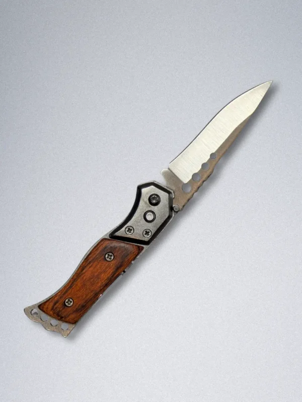 Stainless Steel Mini Pocket Knife with Wooden Handle, LED Light, Safety Lock & One-Button Open - Image 2