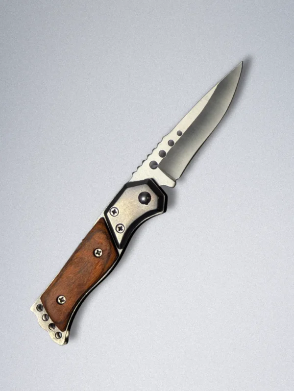 Stainless Steel Mini Pocket Knife with Wooden Handle, LED Light, Safety Lock & One-Button Open - Image 3
