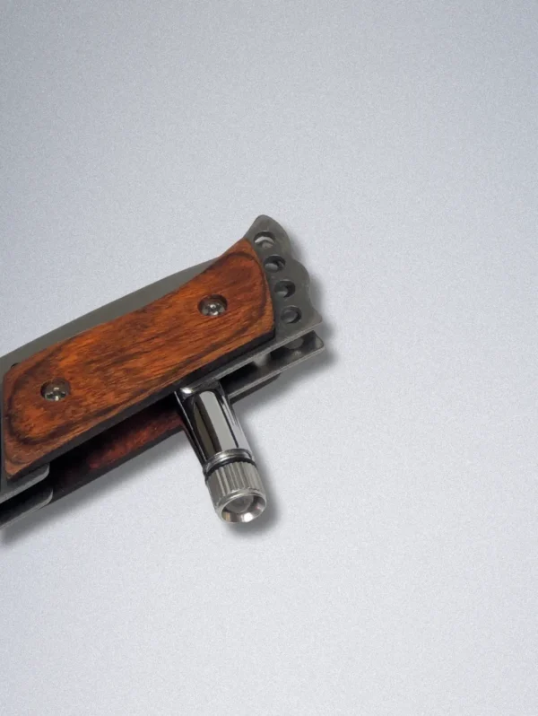 Stainless Steel Mini Pocket Knife with Wooden Handle, LED Light, Safety Lock & One-Button Open - Image 7