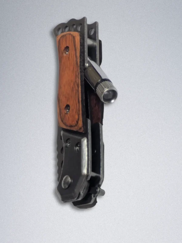 Stainless Steel Mini Pocket Knife with Wooden Handle, LED Light, Safety Lock & One-Button Open - Image 6