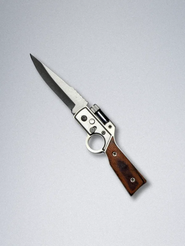 Mini Rifle-Shaped Pocket Knife with LED Light, Safety Lock & Wooden Handle - Image 3