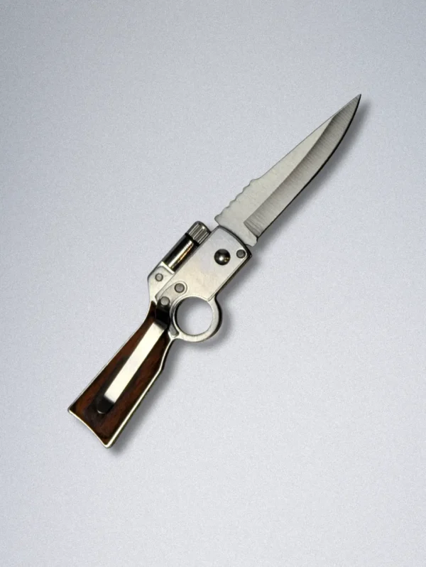 Mini Rifle-Shaped Pocket Knife with LED Light, Safety Lock & Wooden Handle - Image 2