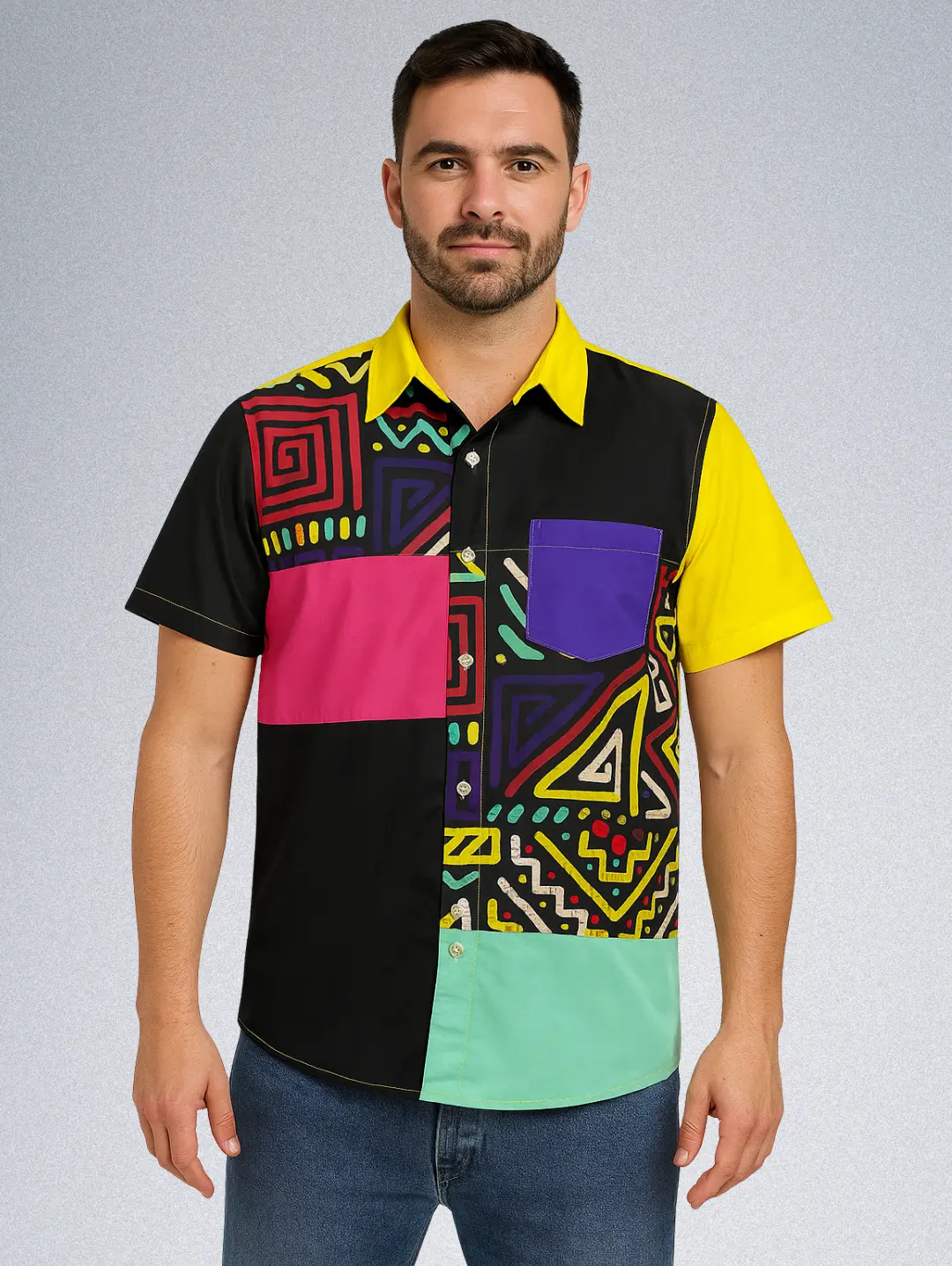 15909-6 Reason Patchwork Silk Shirt - '90s Streetwear | Abstract & Graphic Print Button-Down - Image 1