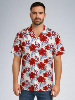Marvel Captain America Hibiscus Shirt - Men's Rayon Hawaiian Print | Superhero Apparel