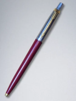 Genuine Parker ballpoint pen with a burgundy barrel, stainless steel cap, and gold arrow clip.