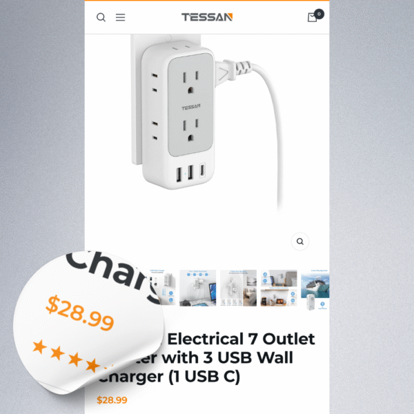 TESSAN TS-166-C Wall Outlet Extender with USB-C & USB-A, 6 Outlets, 3 USB Ports - Image 2